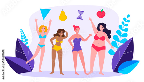 Happy women with different body types In swimsuits. Girls with bodies of triangle, pear, hourglass, apple shapes vector illustration. Beauty, equality, diversity, feminism, body positivity concept