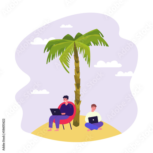 Happy workers working on laptops under palm tree. Men sitting on beach and working remotely while on vacation, flexible schedule flat vector illustration. Remote work, freelance concept