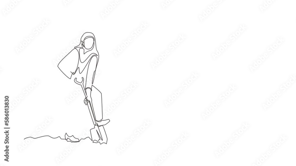 Self drawing animation of single line draw Arabian businesswoman digging in dirt using shovel. Woman dig ground with spade. Business. Hard working process. Continuous line draw. Full length animated Self drawing animation of single line draw Arabian businesswoman digging in dirt using shovel. Woman dig ground with spade. Business. Hard working process. Continuous line draw. Full length animated