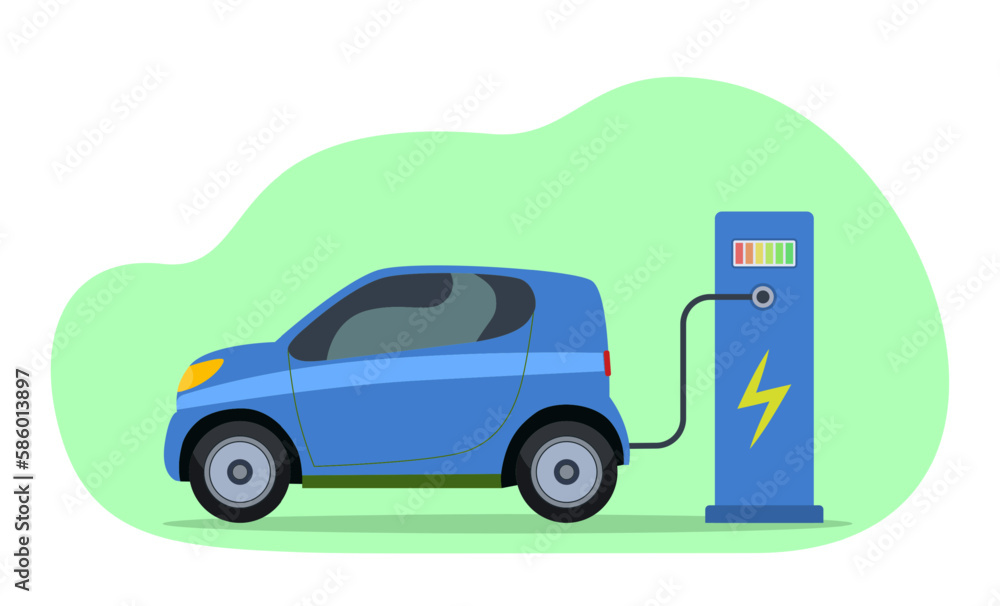 Blue modern electric car at charging station vector illustration ...