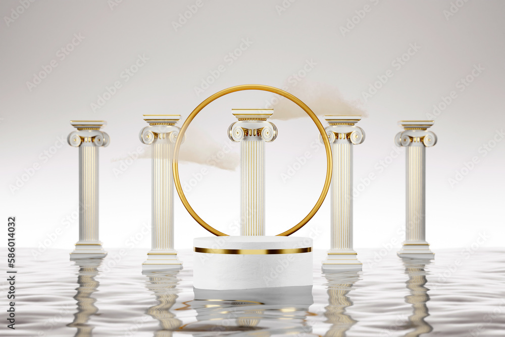 3d render, abstract modern minimal background with clouds. Empty white podium with water surface, golden round and classic roman columns. Product display