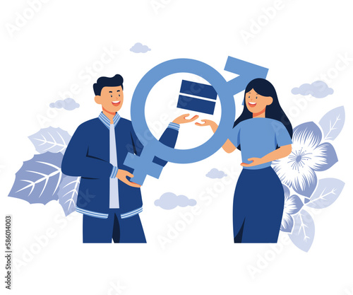 Gender equality concept, equal treatment male and female in society business, fair opportunities for different genders, flat vector modern illustration 