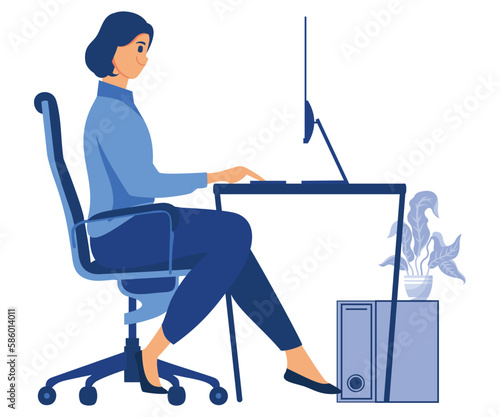 incorrect posture for sitting at computer desk, neck poses of woman at workplace, flat vector modern illustration