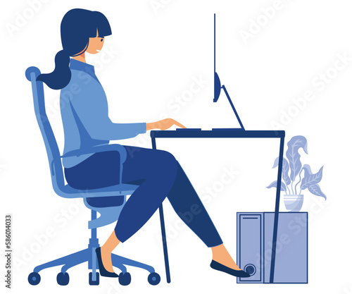 Correct good position posture for sitting at computer desk,  neck poses of woman at workplace, flat vector modern illustration