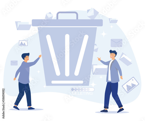 Delete concept. Tiny people deleting data. Flat vector modern illustration.
