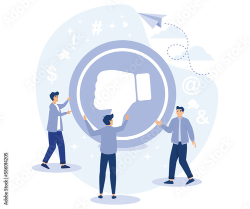 Haters online concept. Tiny people put dislikes and write negative comments. Flat vector modern illustration.