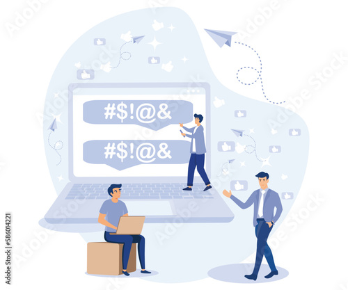 Haters online concept. Tiny people put dislikes and write negative comments. Flat vector modern illustration.