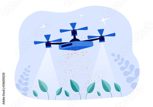 Flying drone fertilizing plants or crops vector illustration. Cartoon drawing of automation of farming process, robotic device taking care of garden or farm. Agriculture, robotics, farming, AI concept