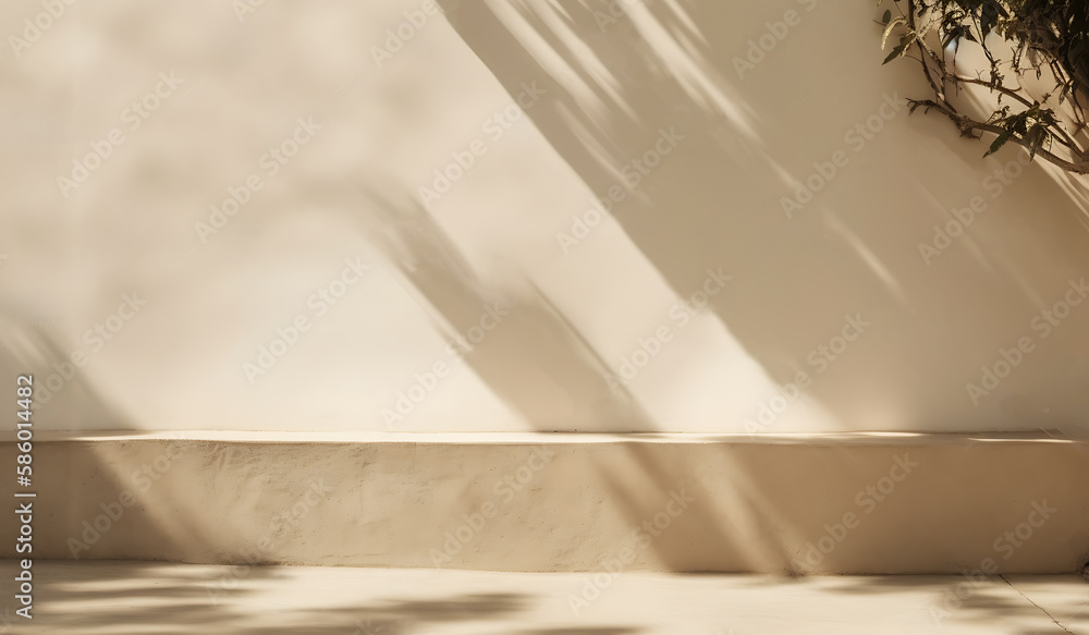 Background display with natural tree leaf shadow beige wall with concrete floor skirting, Nature product promotion beauty cosmetics . Nude Studio Minimal showcase for advertisement, generative ai Background display with natural tree leaf shadow beige wall with concrete floor skirting, Nature product promotion beauty cosmetics . Nude Studio Minimal showcase for advertisement, generative ai