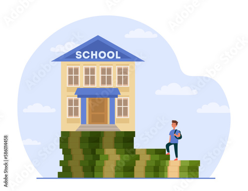 Pupil on banknote stairs to school building vector illustration. Cartoon drawing of sad student going to expensive school, stacks of dollar bills. Education, finances, school fees or tuition concept