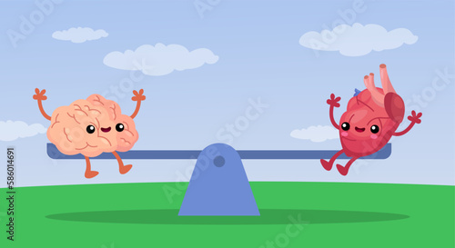 Comic brain and heart on seesaw together vector illustration. Cartoon drawing of happy human organ characters as metaphor for balance between mind and feelings. Decision, choice, emotions concept