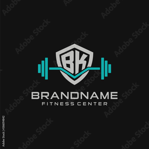 Creative letter BK logo design for gym or fitness with simple shield and barbell design style