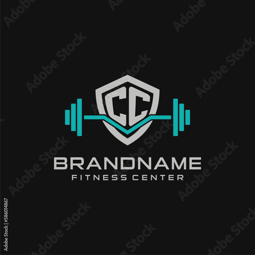 Creative letter CC logo design for gym or fitness with simple shield and barbell design style