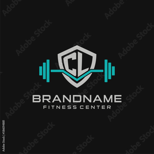 Creative letter CL logo design for gym or fitness with simple shield and barbell design style