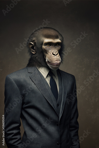 Monkey with a suit, animal businessman, corporate working animals. generative ai