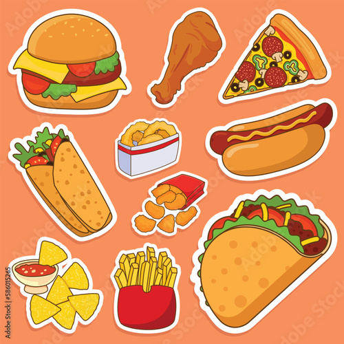 Set of Fast Food Cute Sticker Illustration