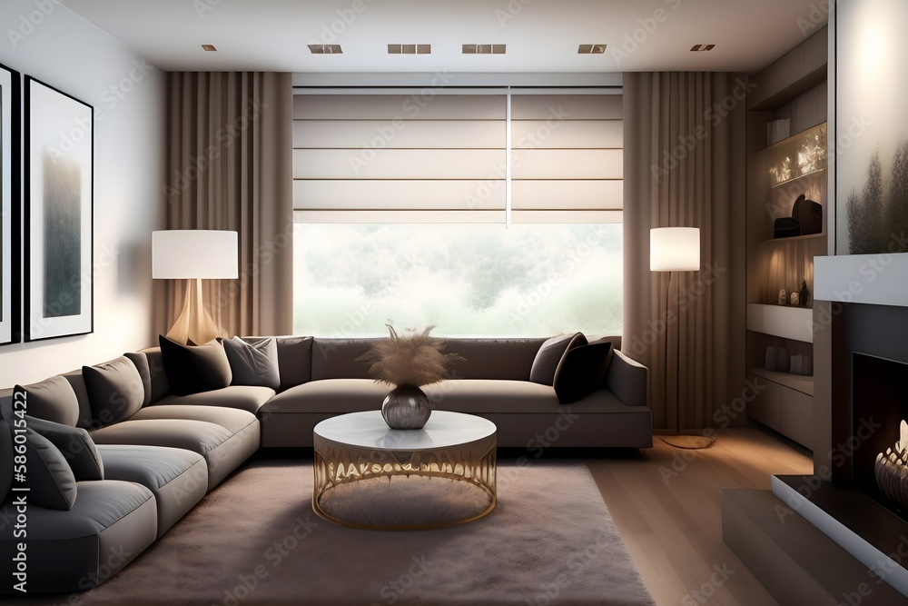 Fototapeta premium Rendering of Cozy Living Room Interior with Plush Sofa. Generative AI. 