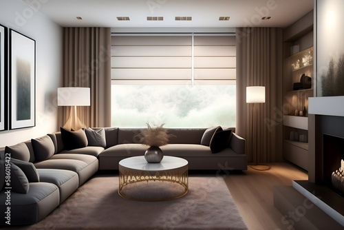 Rendering of Cozy Living Room Interior with Plush Sofa. Generative AI.  © Leandro