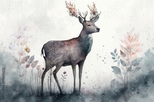 A serene deer standing in a misty forest  with delicate watercolor flowers and foliage in the background Generative AI