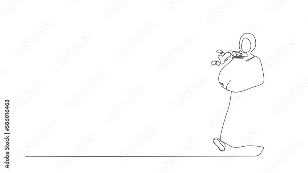 Animated self drawing of continuous line draw Arabian walking carrying big heavy sack full of cash money. Green banknotes flying out of bag with dollar sign on it. Full length single line animation Animated self drawing of continuous line draw Arabian walking carrying big heavy sack full of cash money. Green banknotes flying out of bag with dollar sign on it. Full length single line animation