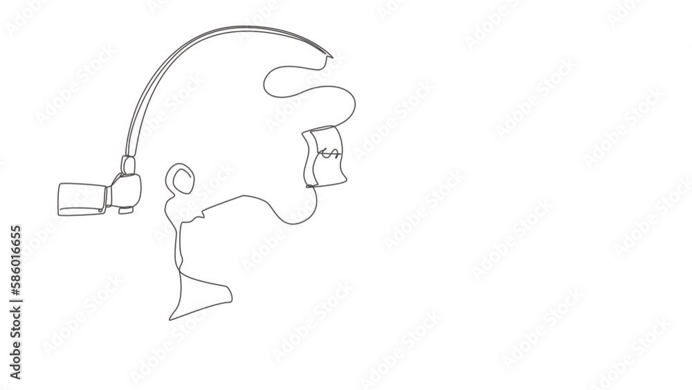 Animated self drawing of continuous line draw hand with fishing pole dollar cash control greedy Arab businesswoman under hypnosis. Woman running trying to catch it. Full length single line animation Animated self drawing of continuous line draw hand with fishing pole dollar cash control greedy Arab businesswoman under hypnosis. Woman running trying to catch it. Full length single line animation