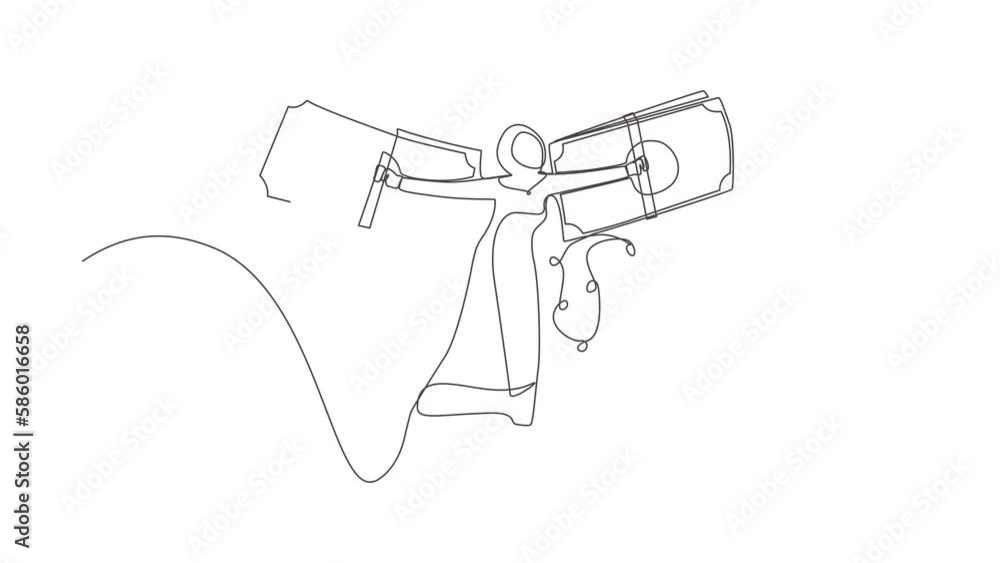 Animated self drawing of continuous line draw Arab businesswoman flying on money wings. Financial freedom, depicting woman flying on wings made of currency bills. Full length one line animation Animated self drawing of continuous line draw Arab businesswoman flying on money wings. Financial freedom, depicting woman flying on wings made of currency bills. Full length one line animation