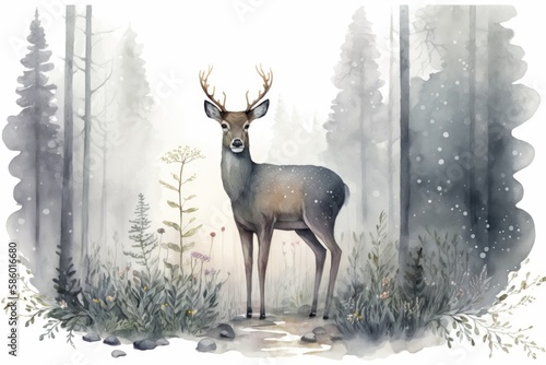 A serene deer standing in a misty forest  with delicate watercolor flowers and foliage in the background Generative AI