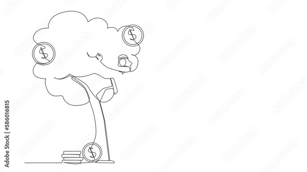 Self drawing animation of single line draw Arab businessman picking dollars from money tree. Money plant. Growth, financial success. Investment banking income. Continuous line. Full length animated Self drawing animation of single line draw Arab businessman picking dollars from money tree. Money plant. Growth, financial success. Investment banking income. Continuous line. Full length animated