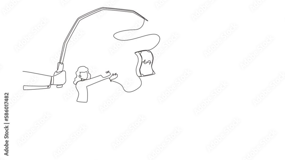 Self drawing animation of single line draw hand with fishing pole, dollar cash control greedy businesswoman under hypnosis. Woman running trying to catch it. Continuous line draw. Full length animated Self drawing animation of single line draw hand with fishing pole, dollar cash control greedy businesswoman under hypnosis. Woman running trying to catch it. Continuous line draw. Full length animated