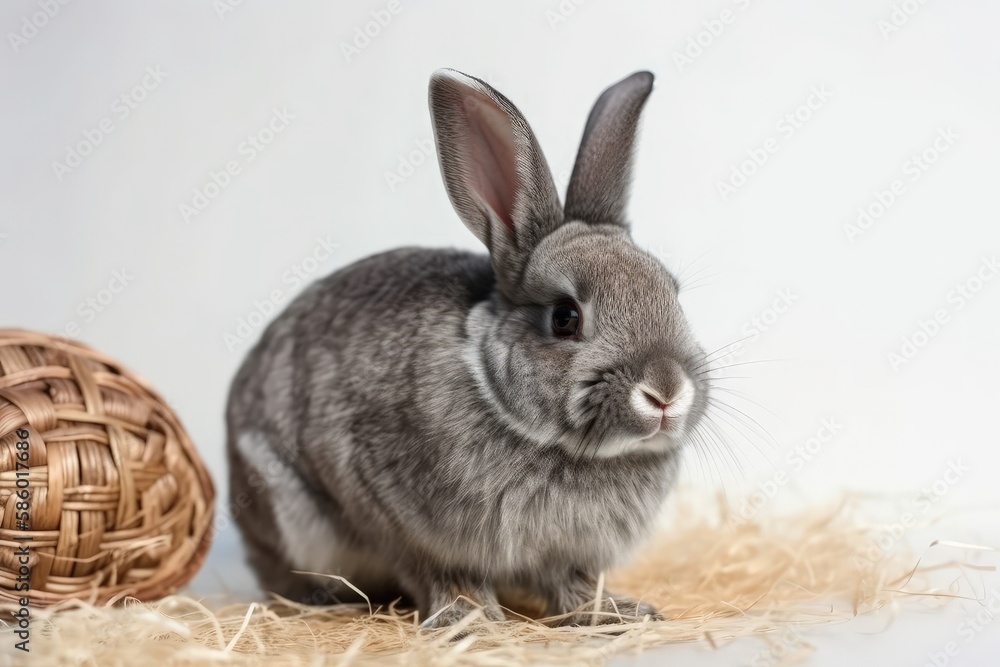 Obraz premium cute gray rabbit sitting next to a brown basket created with Generative AI technology