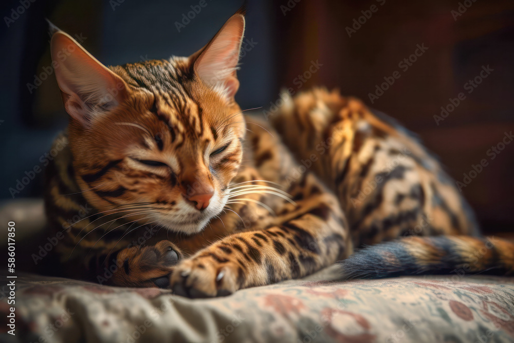 Bengal cat sleeping and lying on bed, AI, Generative AI