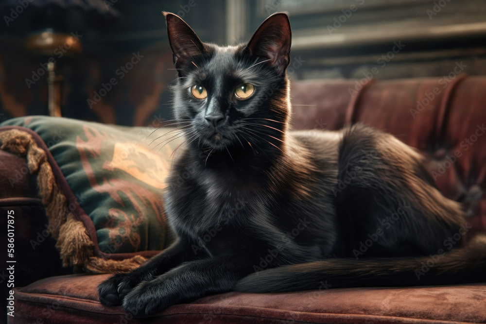 Bombay cat sitting and lying on couch looking away from camera, AI, Generative AI