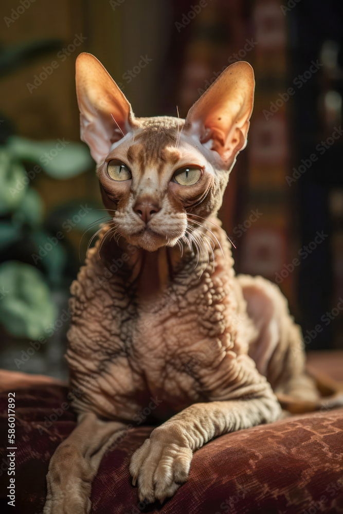 Cornish Rex cat sitting and lying on bed looking at camera, AI, Generative AI