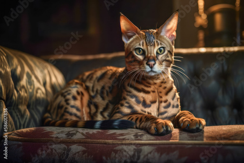 Bengal cat sitting and lying on couch looking at camera, AI, Generative AI