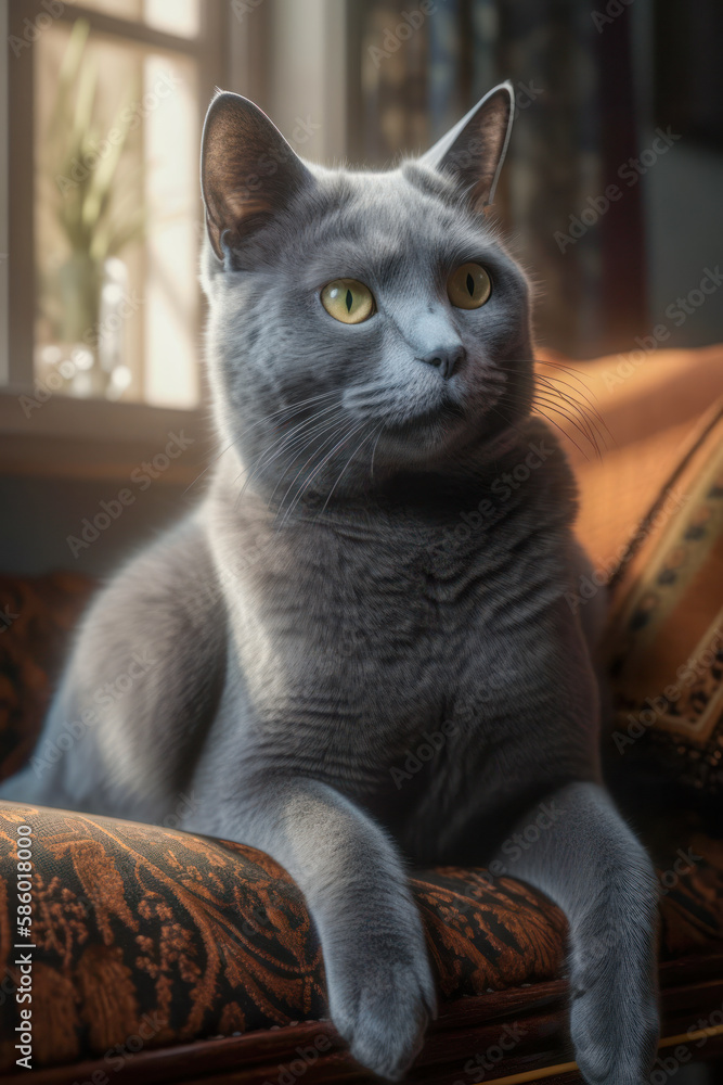 Russian Blue cat sitting and lying on couch looking away from camera, AI, Generative AI