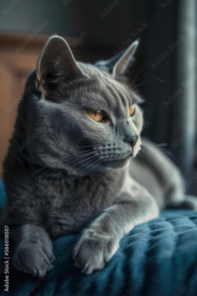 Russian Blue cat sitting and lying on bed looking away from camera, AI, Generative AI