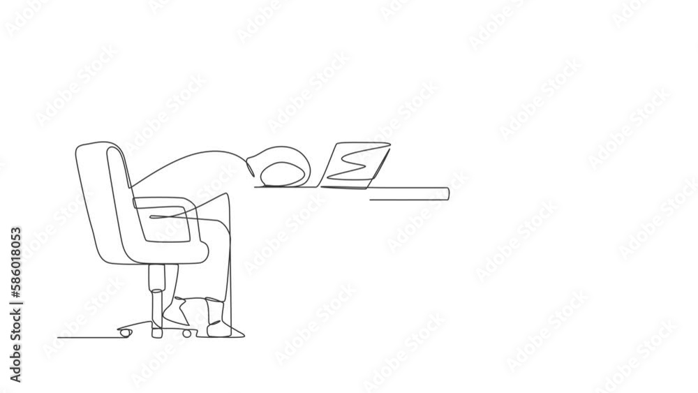Self drawing animation of single line draw professional burnout syndrome. Exhausted tired Arabic female manager sad boring sitting with head down on laptop. Continuous line draw. Full length animated Self drawing animation of single line draw professional burnout syndrome. Exhausted tired Arabic female manager sad boring sitting with head down on laptop. Continuous line draw. Full length animated