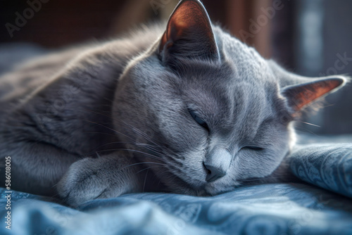 Russian Blue cat sleeping and lying on bed, AI, Generative AI