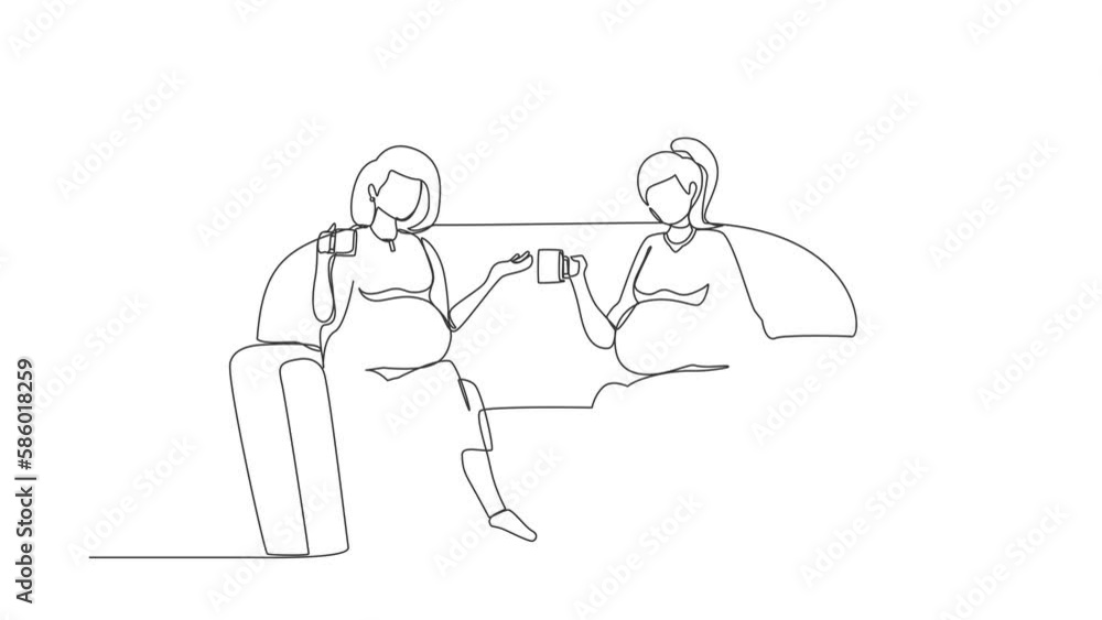 Self drawing animation of single line draw girls are sitting on couch. Drink tea, talk, share secrets. Friends, neighbors, ladies. Cozy evening with drink. Continuous line draw. Full length animated Self drawing animation of single line draw girls are sitting on couch. Drink tea, talk, share secrets. Friends, neighbors, ladies. Cozy evening with drink. Continuous line draw. Full length animated