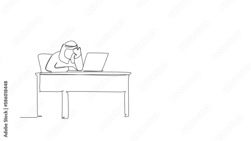 Self drawing animation of single line draw employee crying while wiping tears using tissue staring at laptop. Arab businessman working overtime in office. Continuous line draw. Full length animated Self drawing animation of single line draw employee crying while wiping tears using tissue staring at laptop. Arab businessman working overtime in office. Continuous line draw. Full length animated