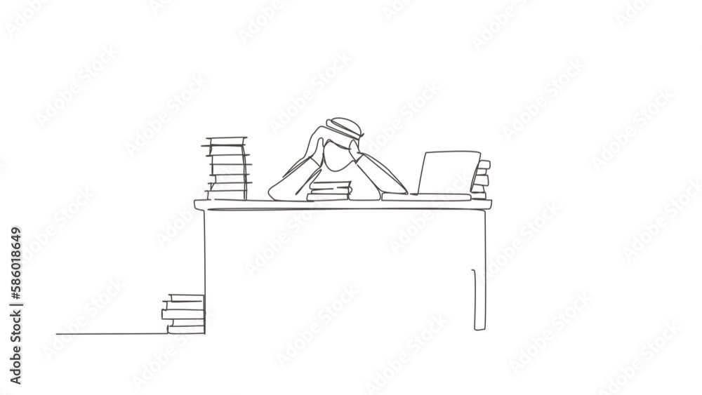 Animated self drawing of continuous line draw stressed Arab businessman throwing tantrum holding his hands to his head shouting while seated at desk surrounded by files. Full length one line animation Animated self drawing of continuous line draw stressed Arab businessman throwing tantrum holding his hands to his head shouting while seated at desk surrounded by files. Full length one line animation