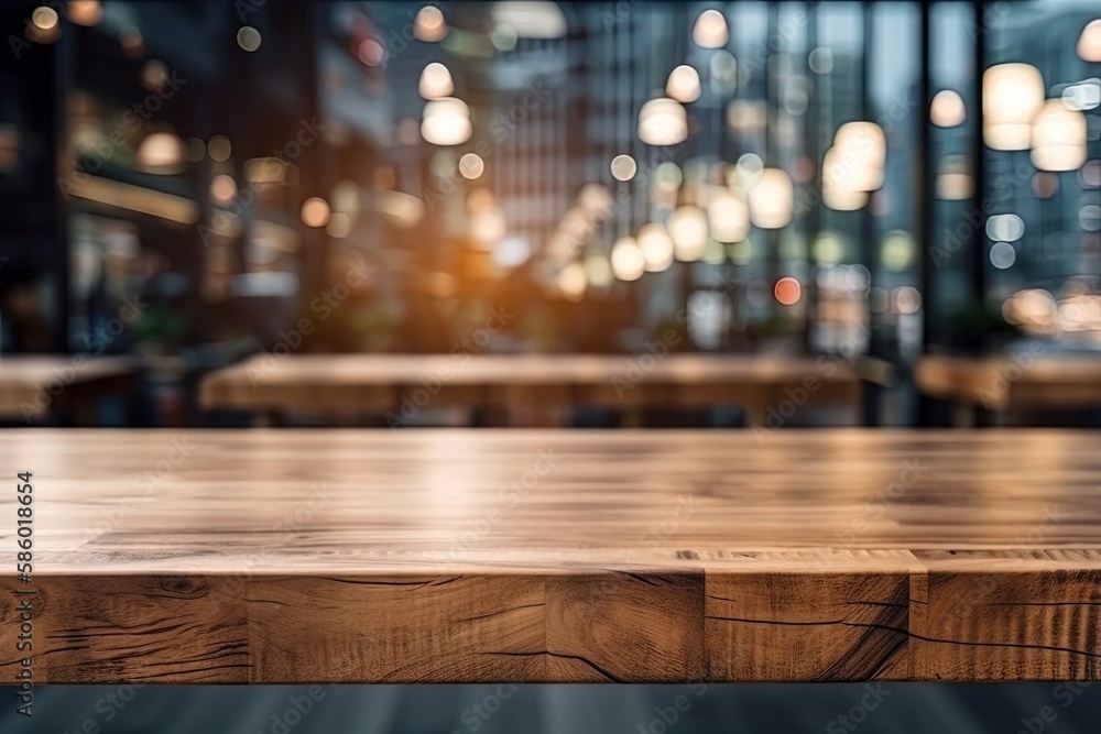 rustic wooden table with bokeh lights in the background created with Generative AI technology