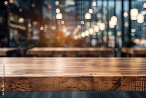 rustic wooden table with bokeh lights in the background created with Generative AI technology