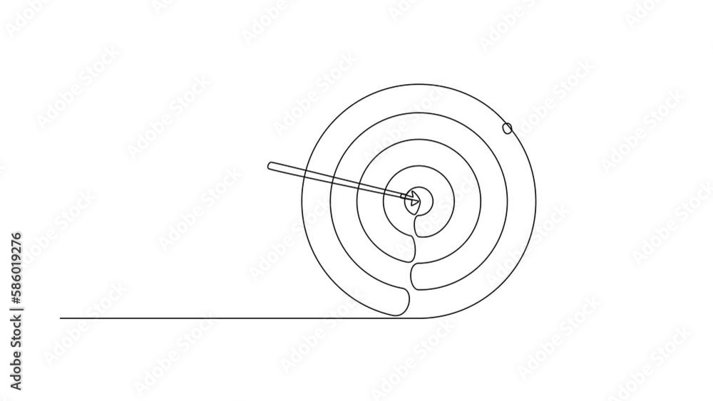 Self drawing animation of single line draw businessman hugs stands next to circle of target, arrow hit target right in middle, analyze result of achievement. Continuous line draw. Full length animated Self drawing animation of single line draw businessman hugs stands next to circle of target, arrow hit target right in middle, analyze result of achievement. Continuous line draw. Full length animated