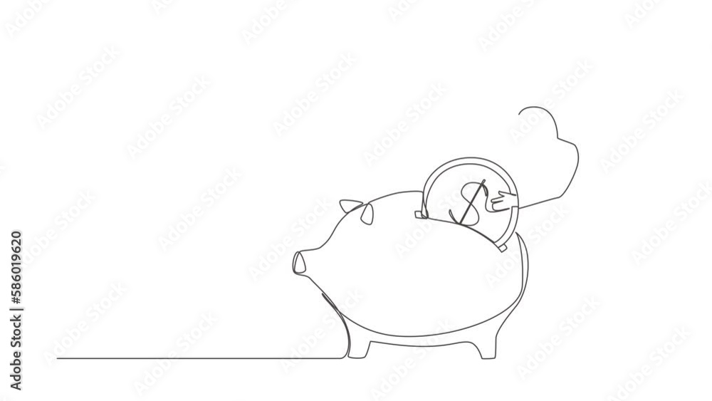 Animated self drawing of continuous one line draw Arab businesswoman putting dollar coin into piggy bank. Money savings, personal investment, funding, bank deposit. Full length single line animation Animated self drawing of continuous one line draw Arab businesswoman putting dollar coin into piggy bank. Money savings, personal investment, funding, bank deposit. Full length single line animation