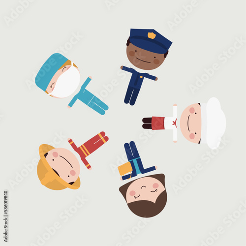 Día del trabajo, grupo de personas en círculo de diversas profesiones sobre fondo plano. Trabajadores, policia, oficial, bombero, medico, doctor, cirujano, mozo, cocinero, abogada, jueza, contadora
