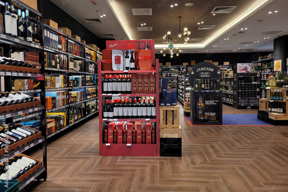 PENANG, MALAYSIA 27 MAR 2023 An assortment of imported wine and hard