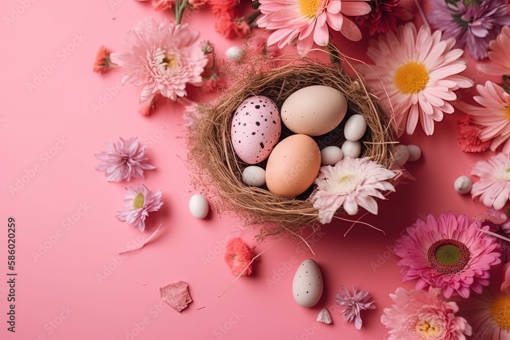 birds nest with blue eggs and colorful flowers on a pastel pink background created with Generative AI technology