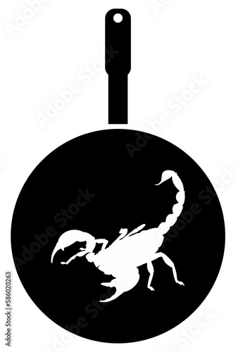 Scorpion on the Pan Silhouette for Bizarre or Extreme or Exotic Food, Traditional Food in Asian Country, Culinary Sign for Icon Symbol, Apps, Pictogram, Logo, Website, or Graphic Design Element. PNG photo