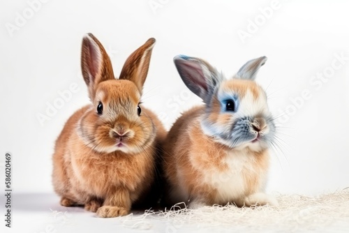 Illustration of two cute rabbits sitting together in a grassy field created with Generative AI technology